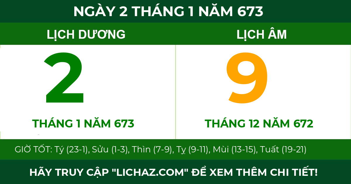 lịch âm ngày 2 tháng 1 năm 673