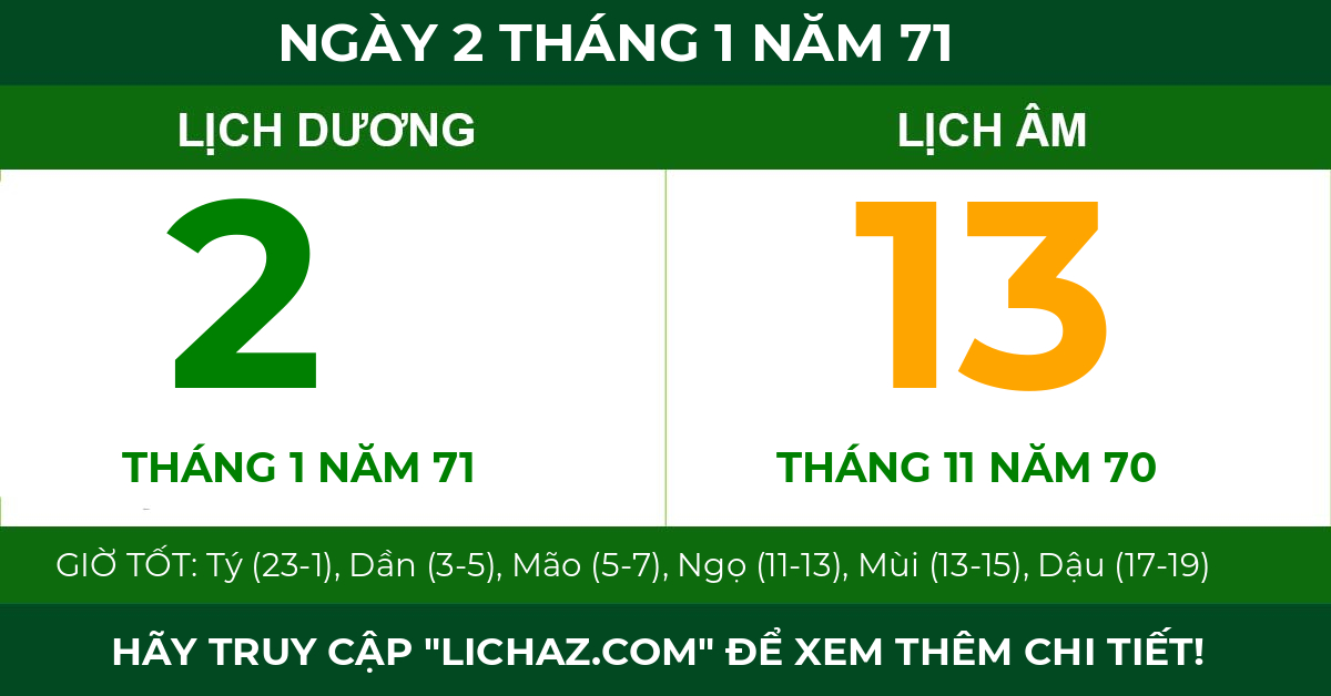 lịch âm ngày 2 tháng 1 năm 71