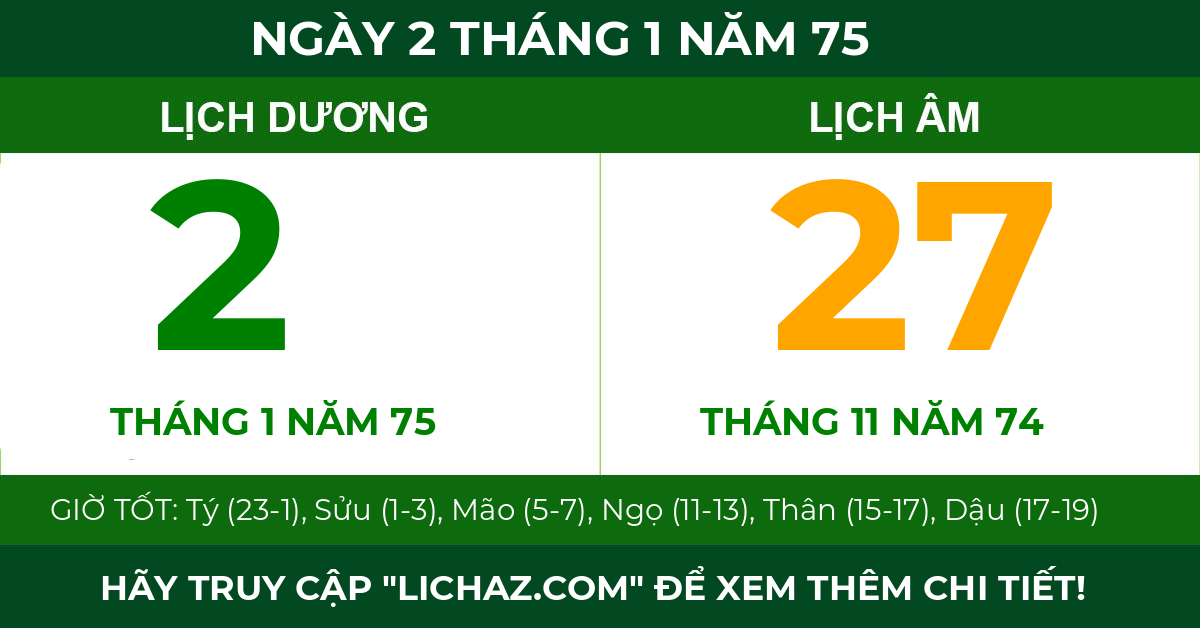 lịch âm ngày 2 tháng 1 năm 75