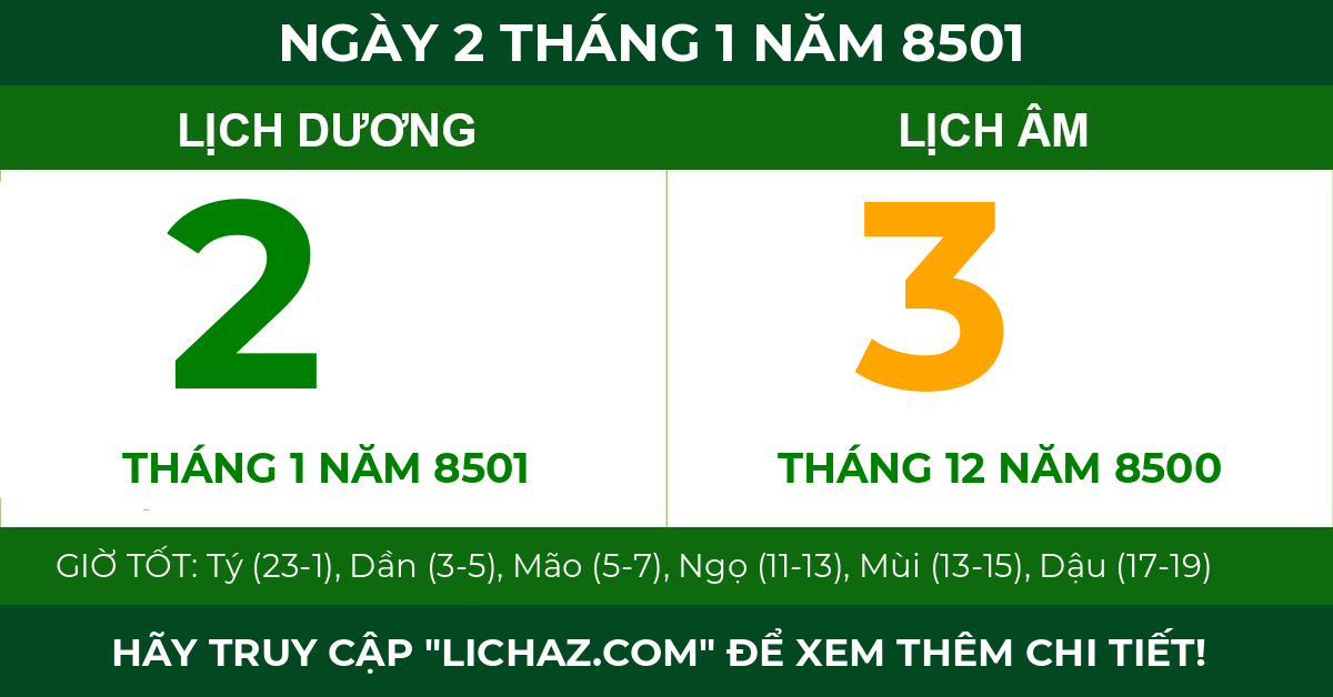 lịch âm ngày 2 tháng 1 năm 8501