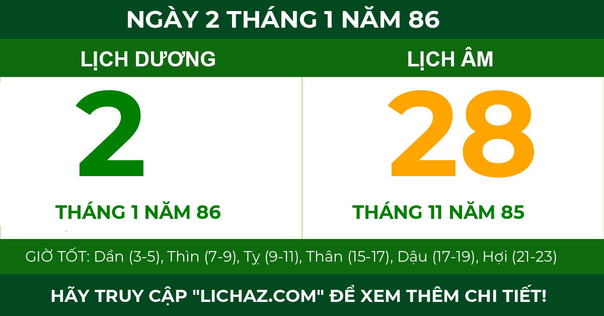 lịch âm ngày 2 tháng 1 năm 86