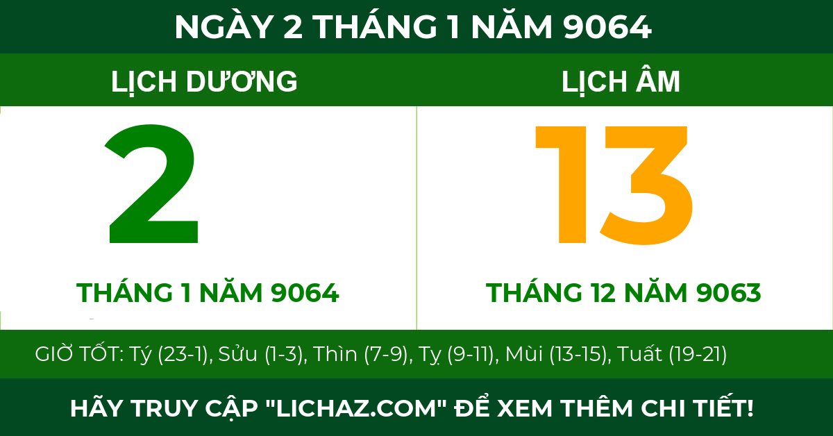 lịch âm ngày 2 tháng 1 năm 9064
