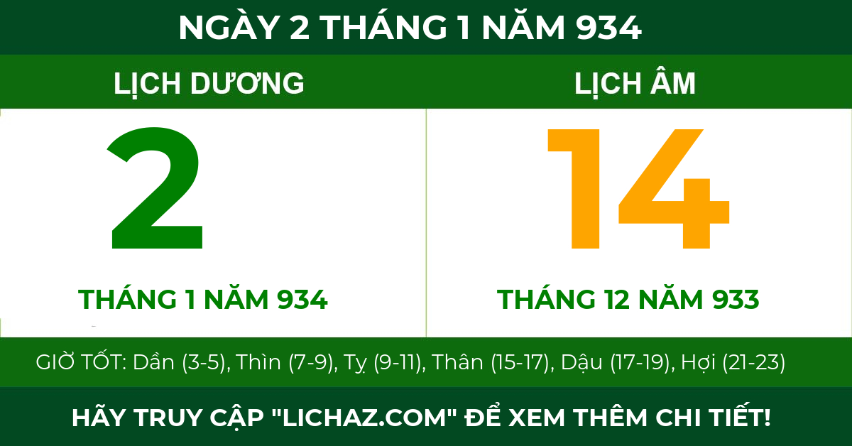 lịch âm ngày 2 tháng 1 năm 934