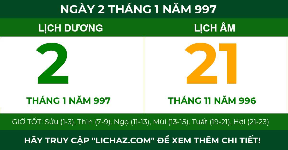 lịch âm ngày 2 tháng 1 năm 997