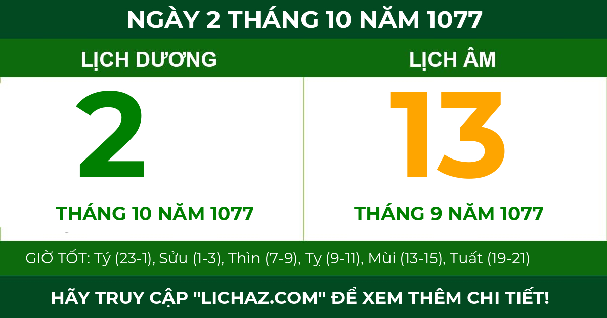 lịch âm ngày 2 tháng 10 năm 1077