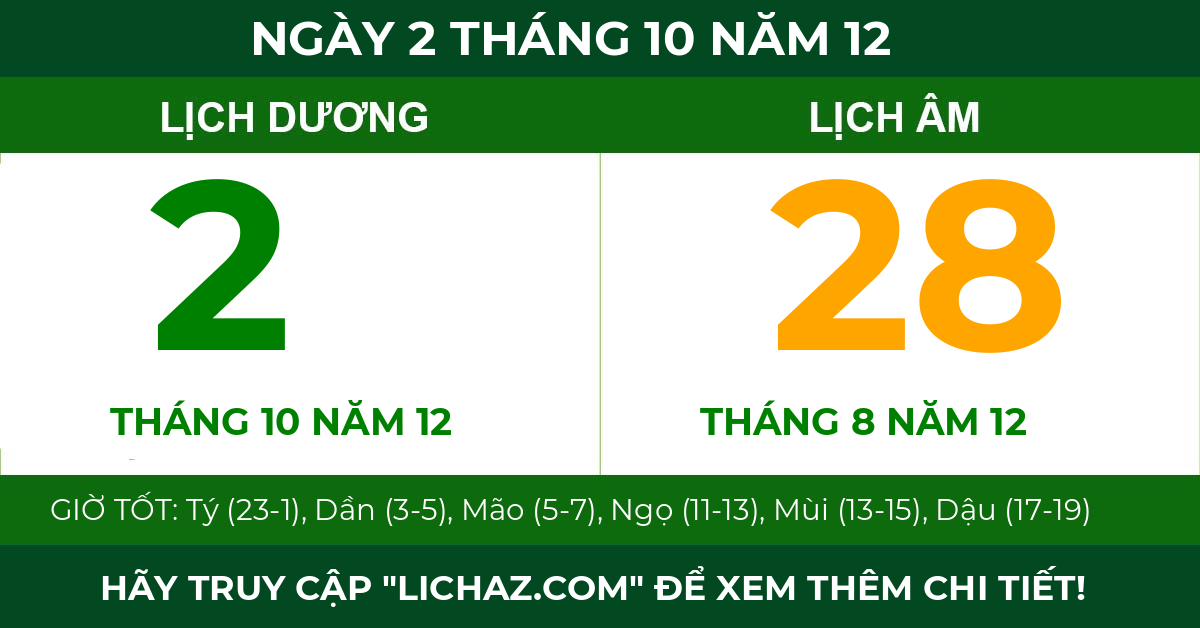 lịch âm ngày 2 tháng 10 năm 12