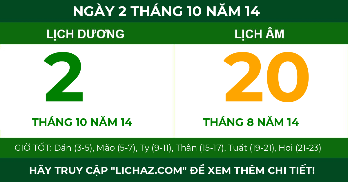 lịch âm ngày 2 tháng 10 năm 14