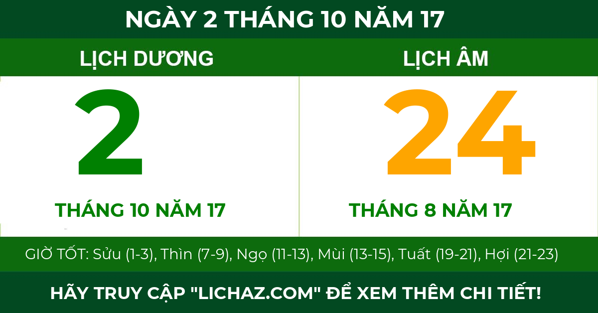 lịch âm ngày 2 tháng 10 năm 17
