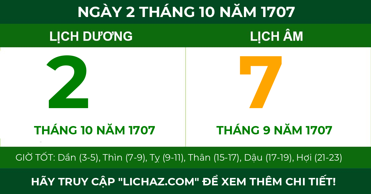 lịch âm ngày 2 tháng 10 năm 1707