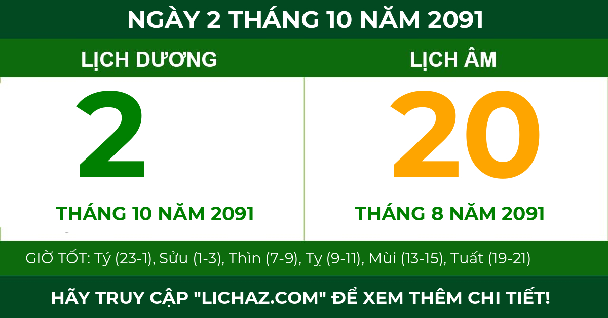lịch âm ngày 2 tháng 10 năm 2091