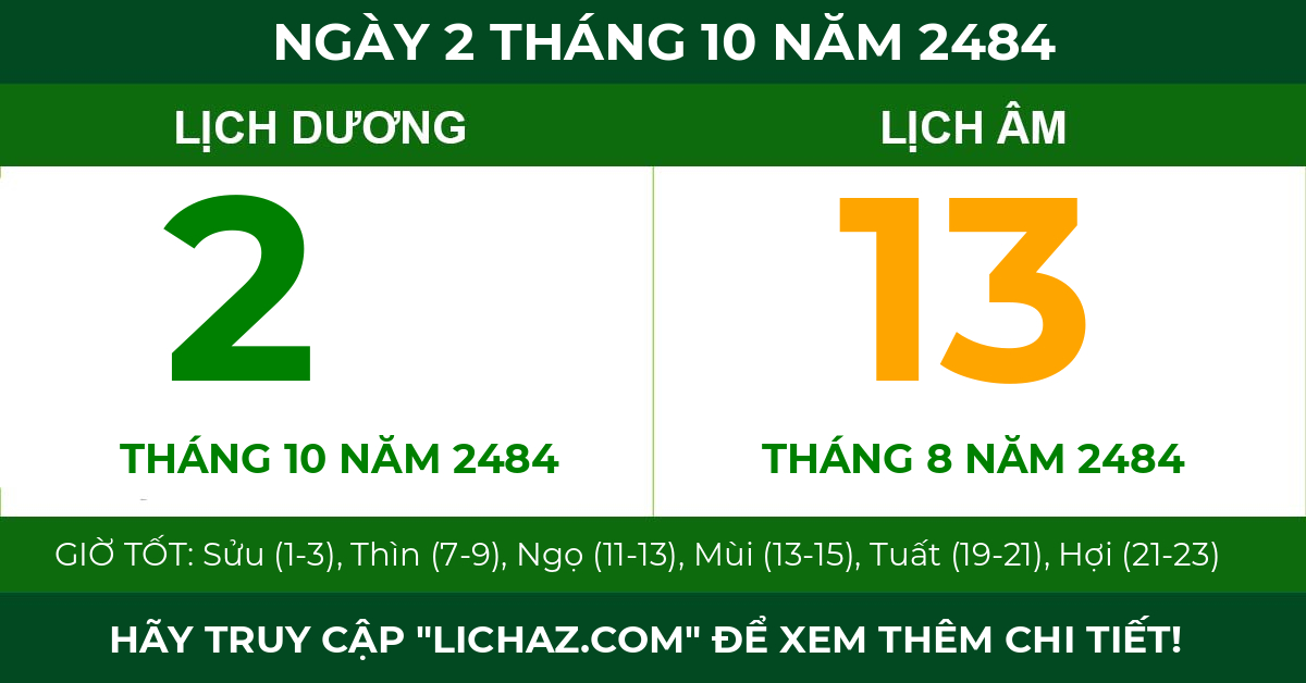 lịch âm ngày 2 tháng 10 năm 2484