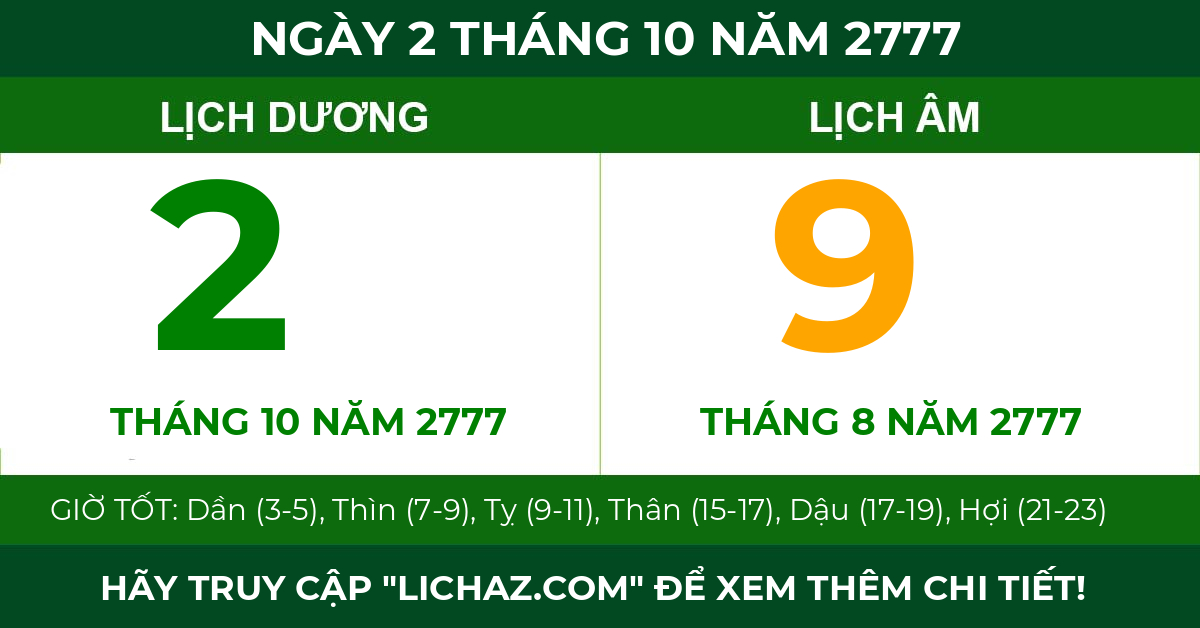 lịch âm ngày 2 tháng 10 năm 2777