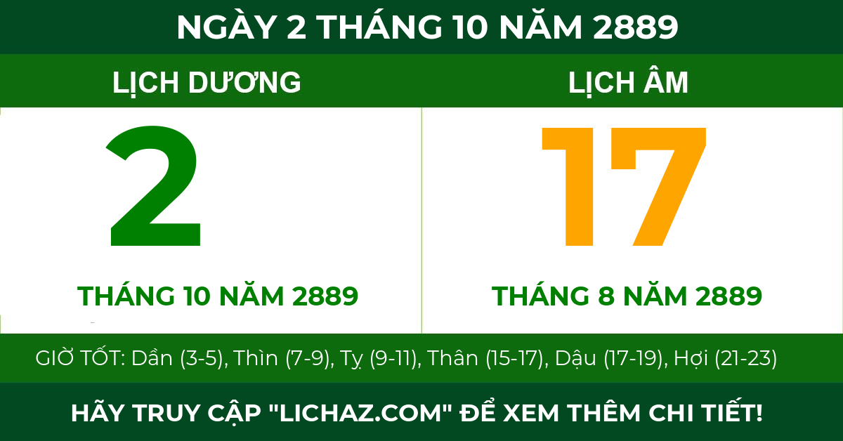 lịch âm ngày 2 tháng 10 năm 2889