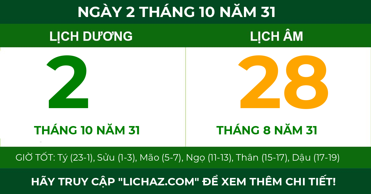 lịch âm ngày 2 tháng 10 năm 31