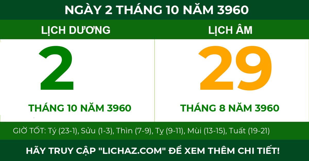 lịch âm ngày 2 tháng 10 năm 3960