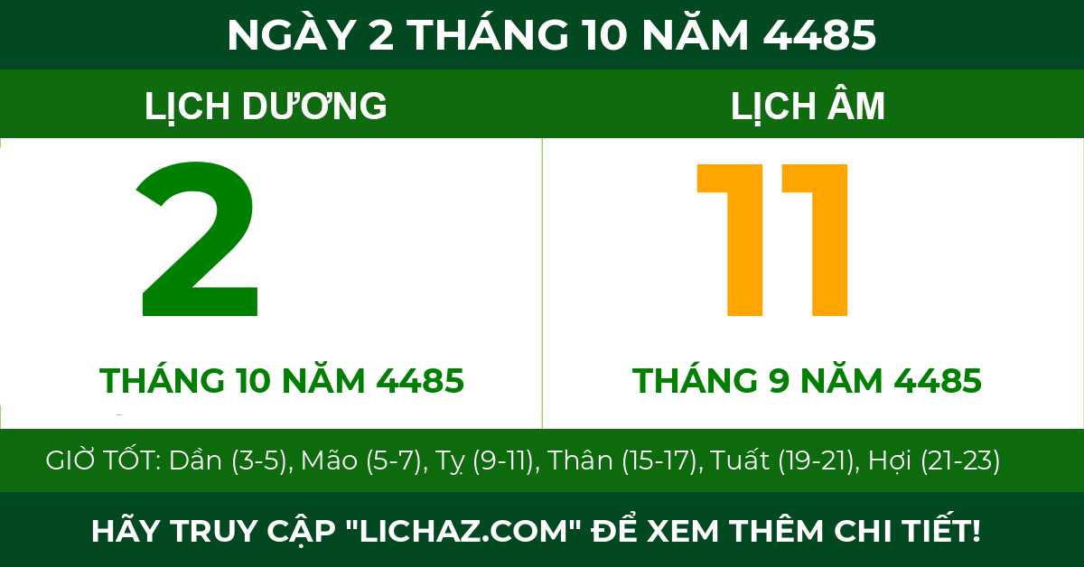 lịch âm ngày 2 tháng 10 năm 4485