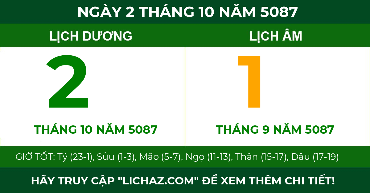 lịch âm ngày 2 tháng 10 năm 5087