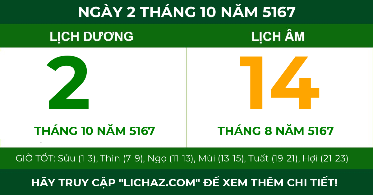 lịch âm ngày 2 tháng 10 năm 5167