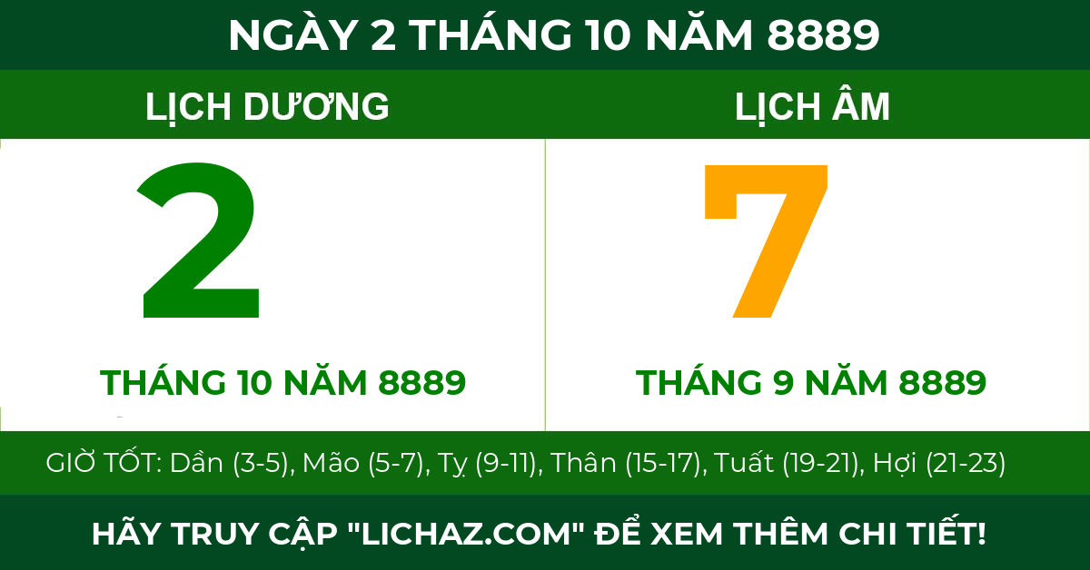 lịch âm ngày 2 tháng 10 năm 8889