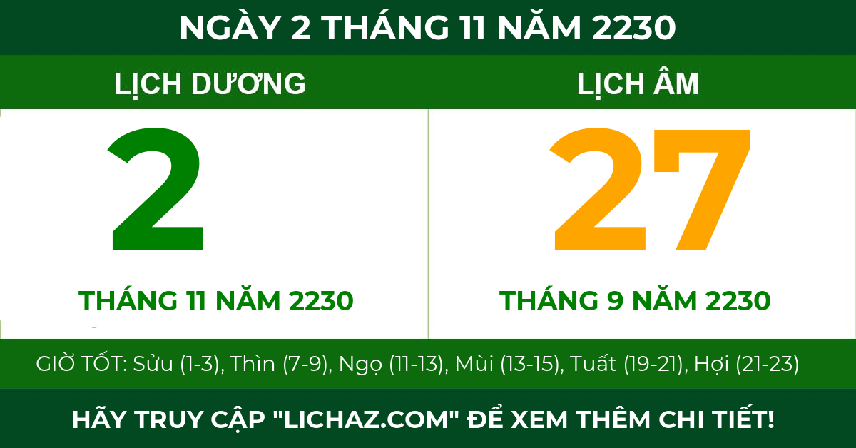 lịch âm ngày 2 tháng 11 năm 2230
