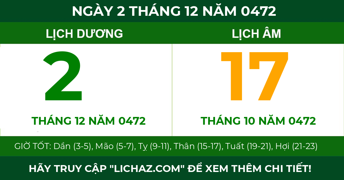 lịch âm ngày 2 tháng 12 năm 0472