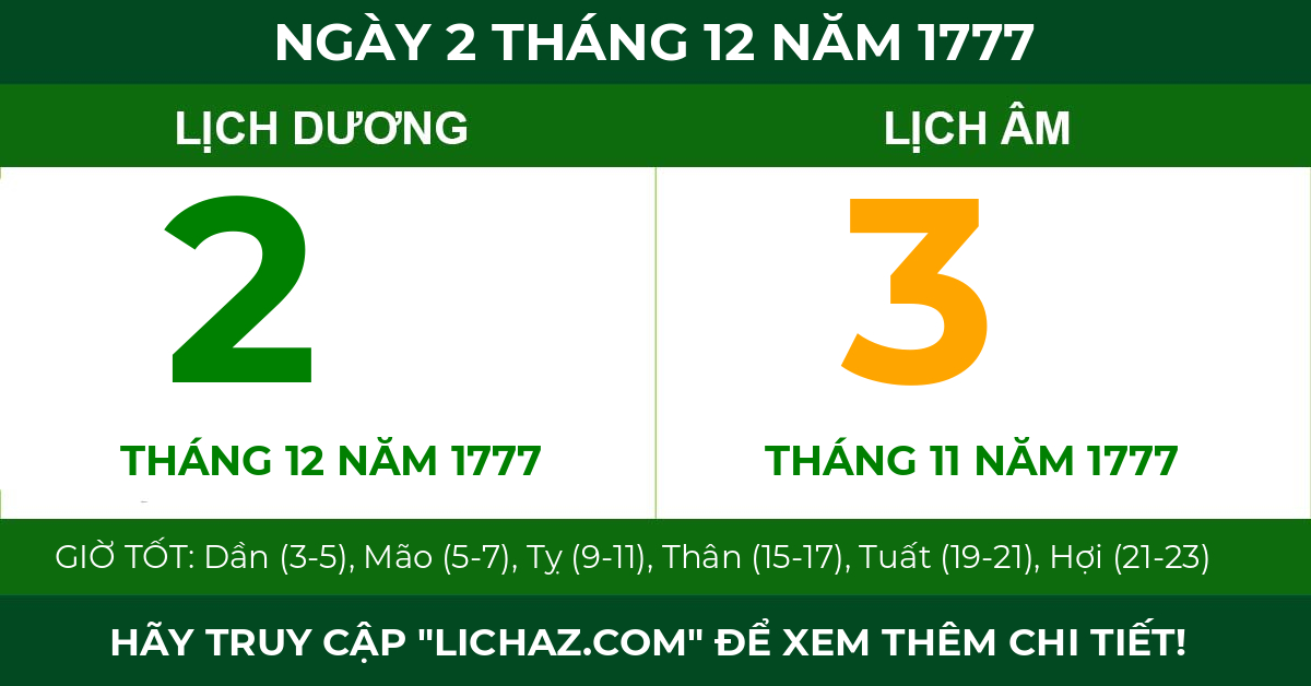 lịch âm ngày 2 tháng 12 năm 1777