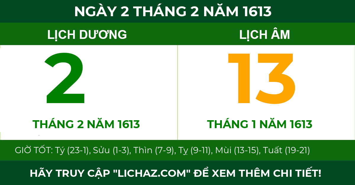 lịch âm ngày 2 tháng 2 năm 1613