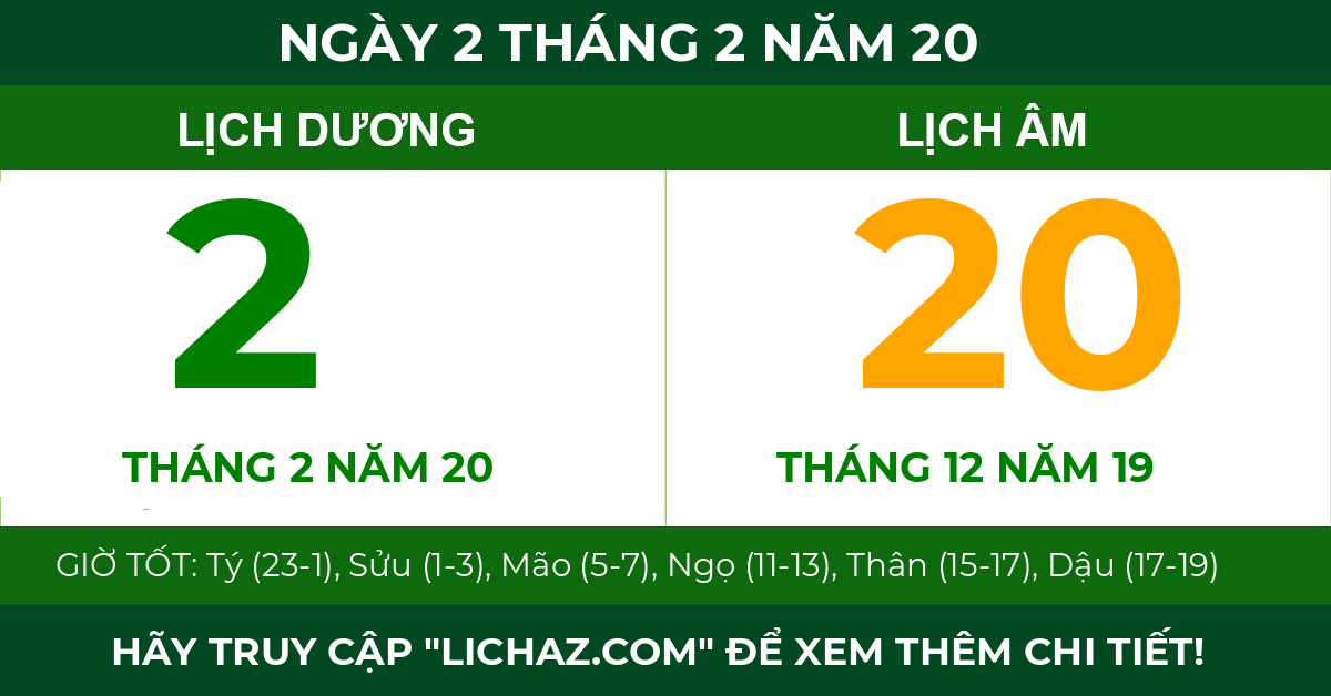 lịch âm ngày 2 tháng 2 năm 20