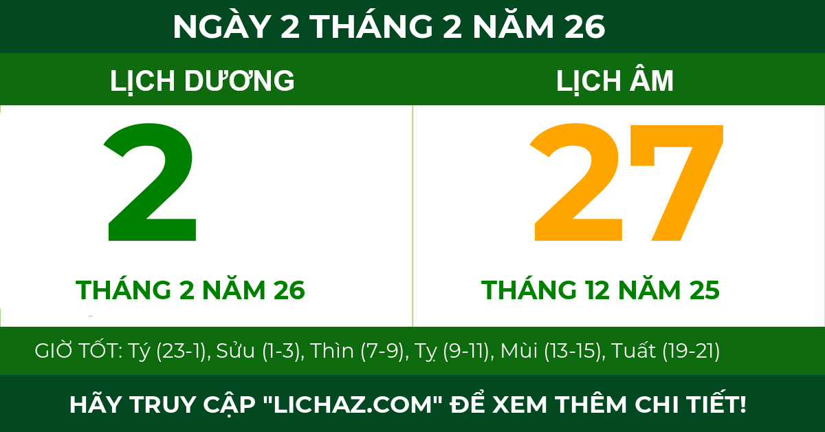 lịch âm ngày 2 tháng 2 năm 26