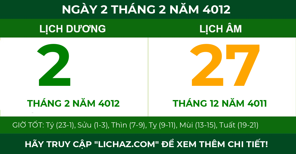 lịch âm ngày 2 tháng 2 năm 4012