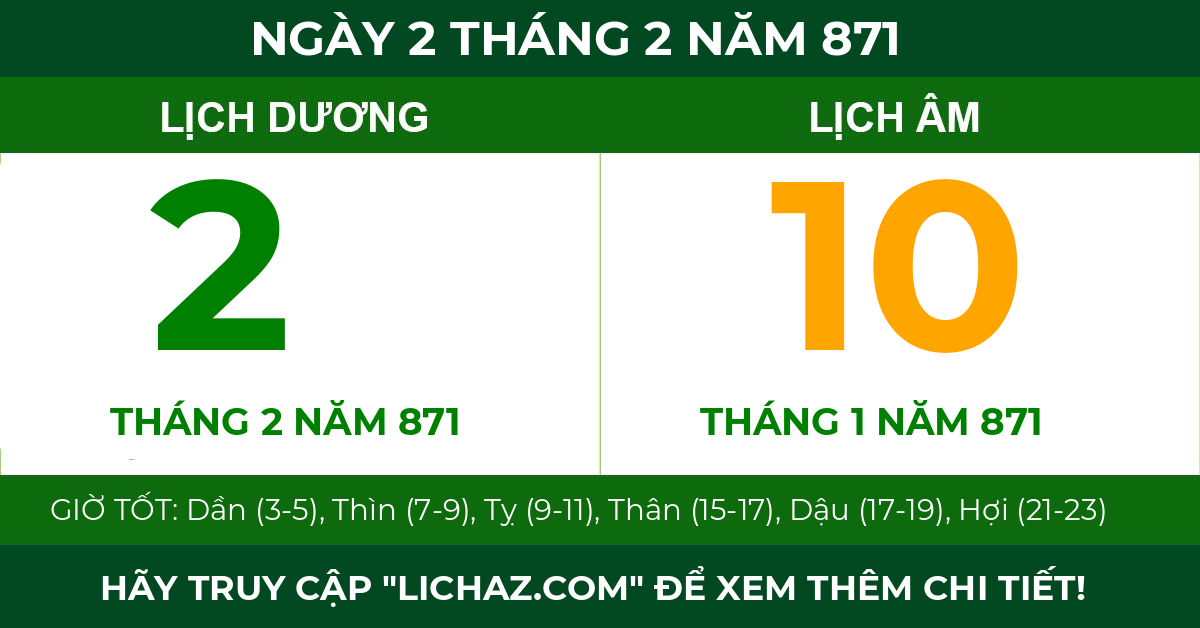 lịch âm ngày 2 tháng 2 năm 871