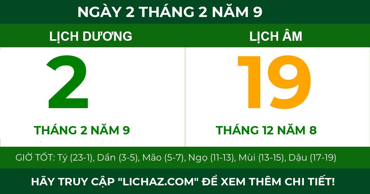 lịch âm ngày 2 tháng 2 năm 9