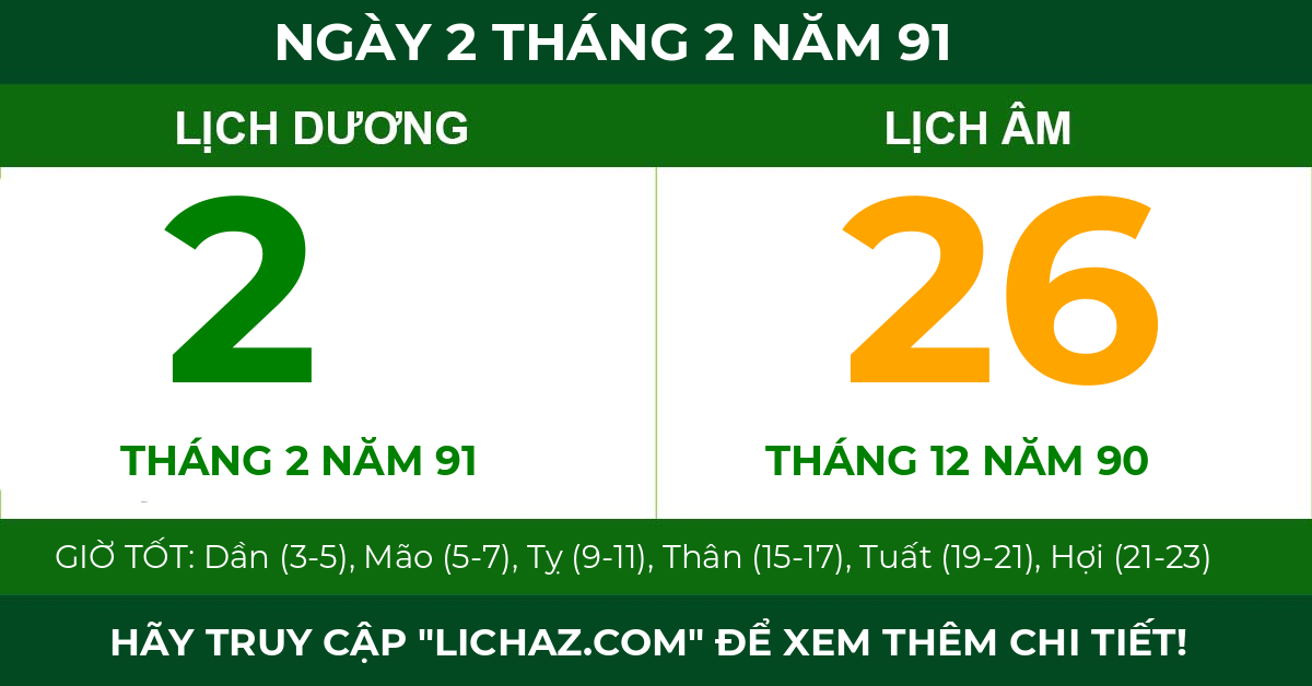 lịch âm ngày 2 tháng 2 năm 91