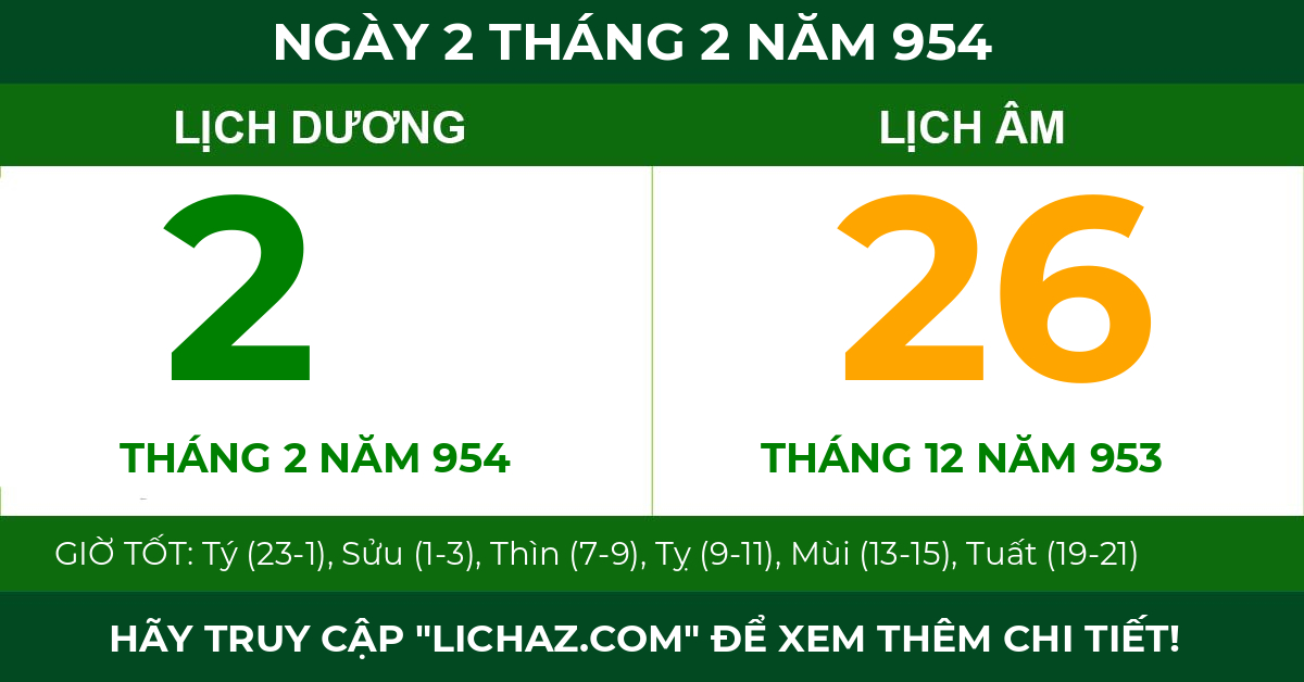lịch âm ngày 2 tháng 2 năm 954