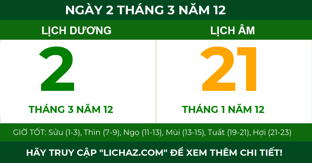 lịch âm ngày 2 tháng 3 năm 12