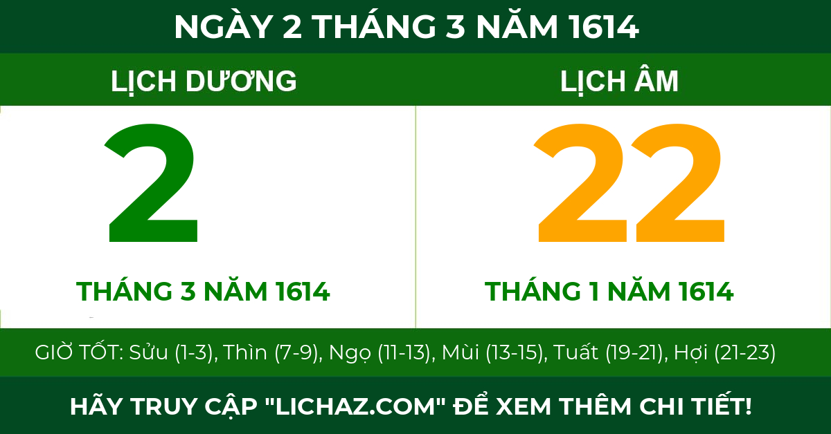 lịch âm ngày 2 tháng 3 năm 1614