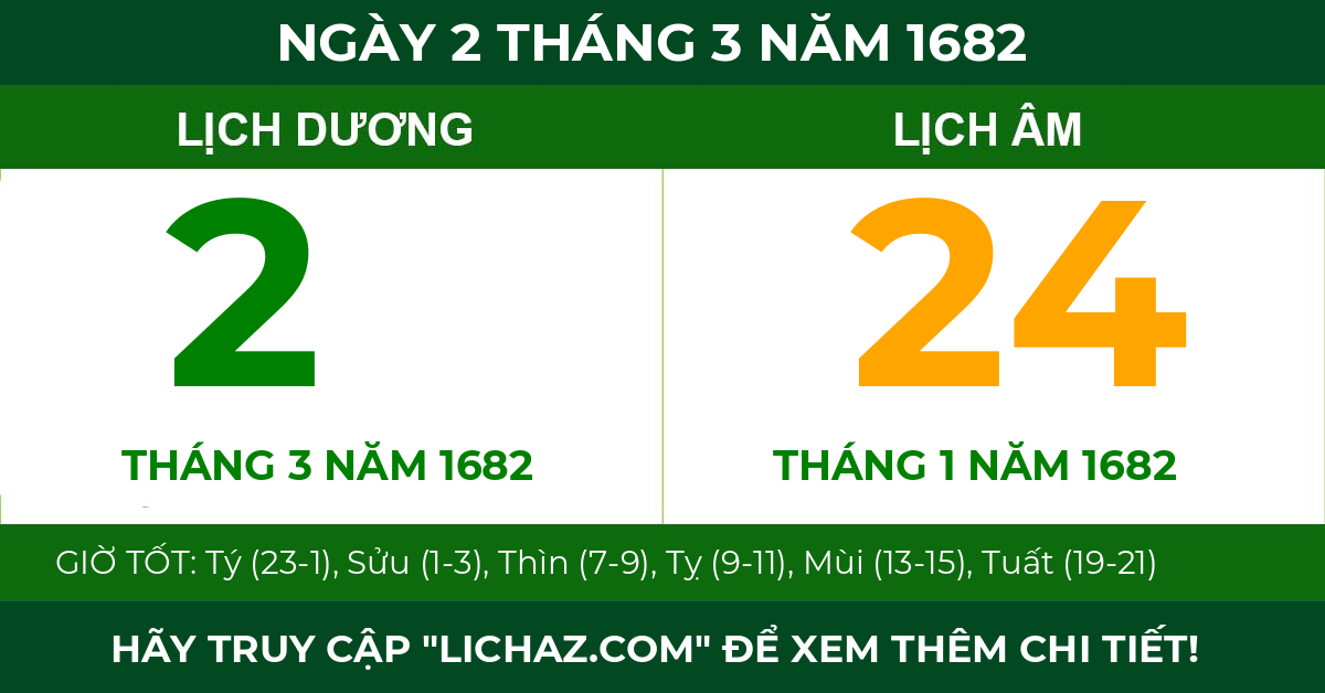 lịch âm ngày 2 tháng 3 năm 1682