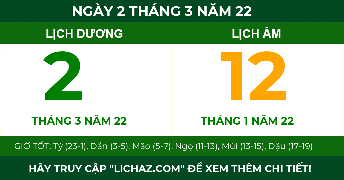 lịch âm ngày 2 tháng 3 năm 22