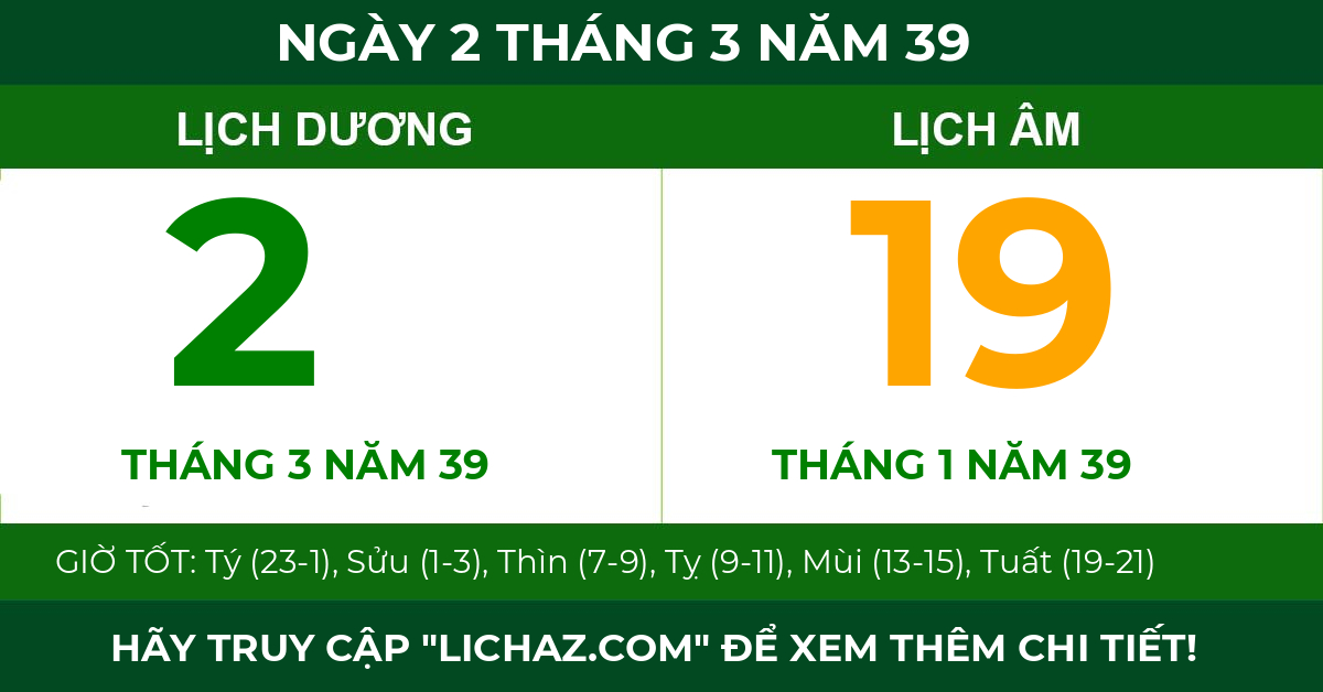 lịch âm ngày 2 tháng 3 năm 39