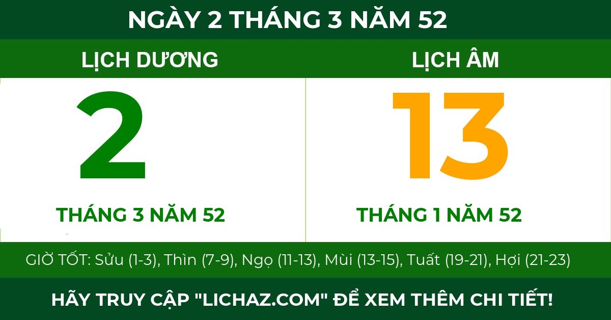 lịch âm ngày 2 tháng 3 năm 52