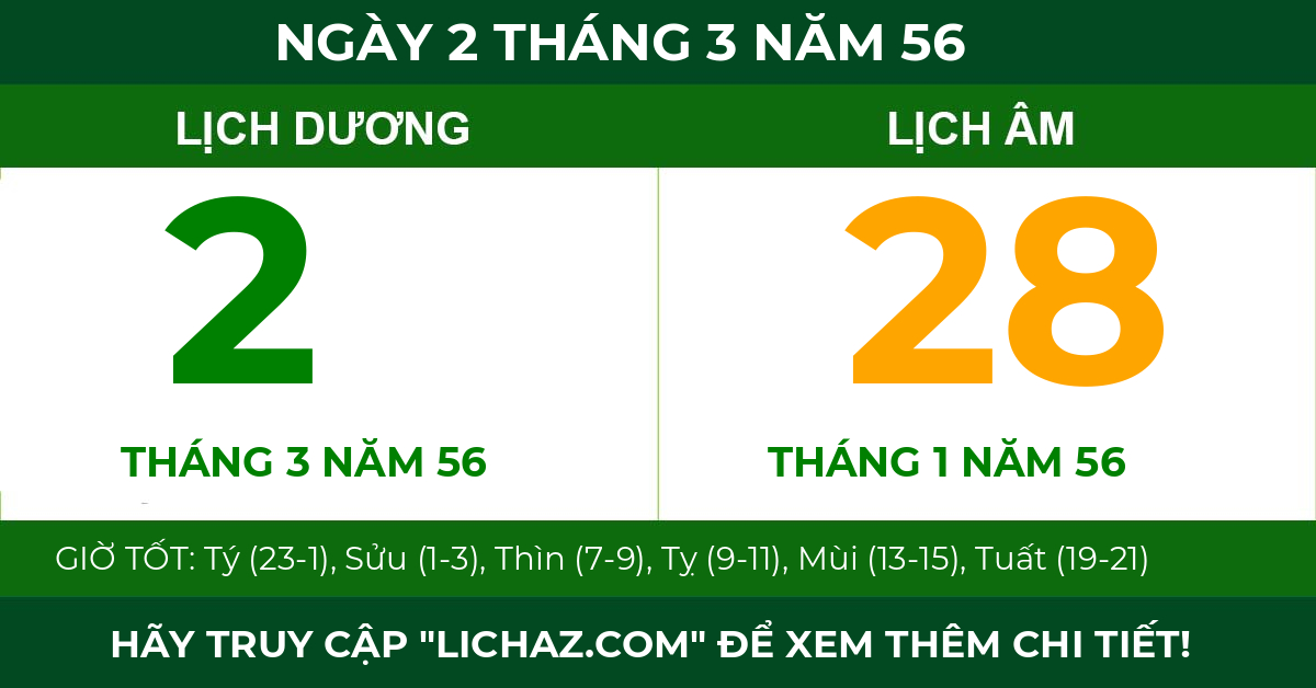 lịch âm ngày 2 tháng 3 năm 56