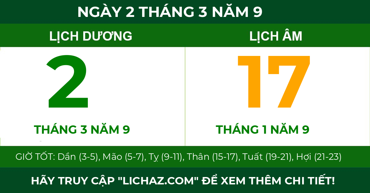 lịch âm ngày 2 tháng 3 năm 9