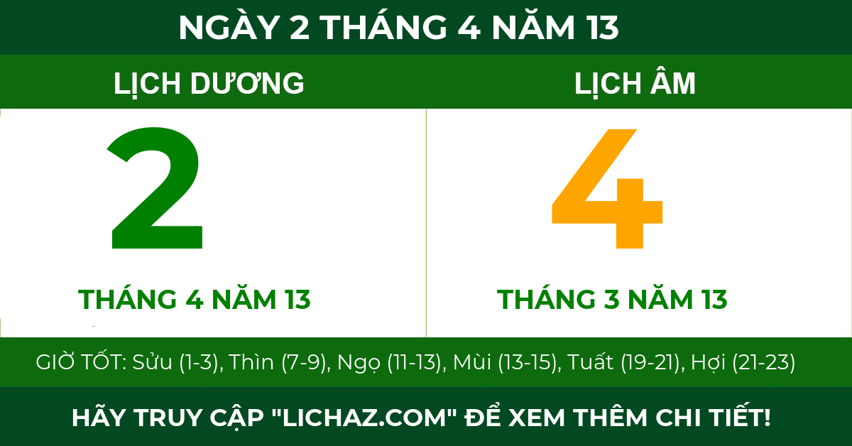 lịch âm ngày 2 tháng 4 năm 13
