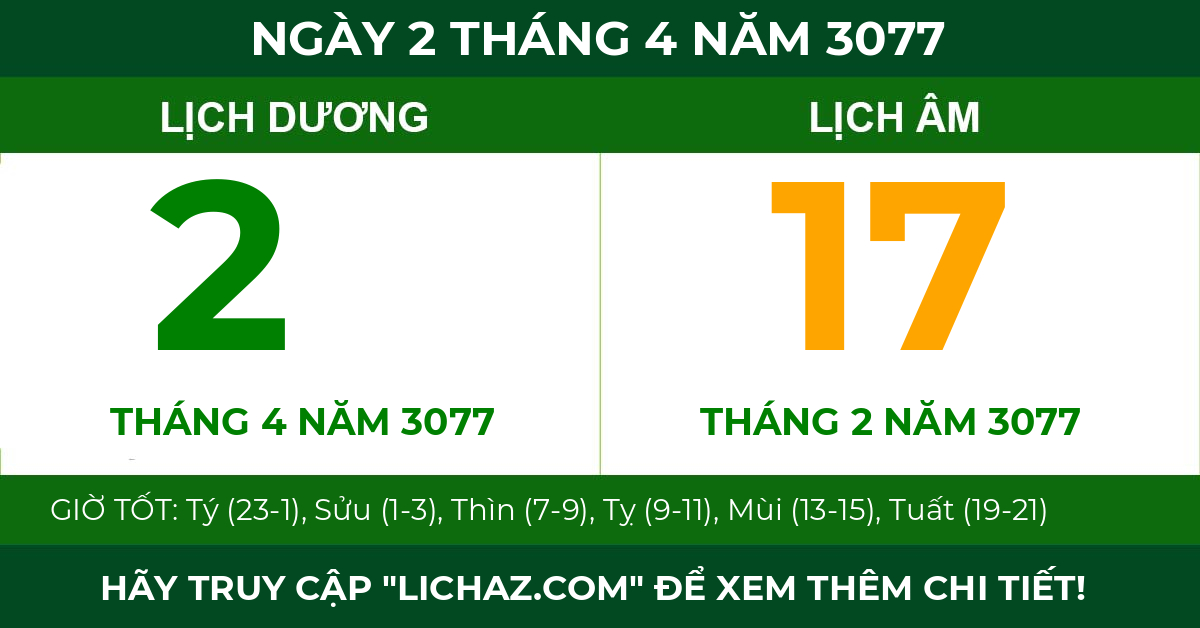 lịch âm ngày 2 tháng 4 năm 3077