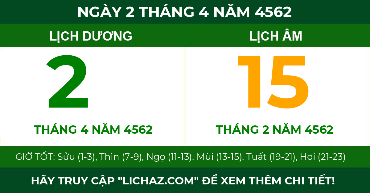 lịch âm ngày 2 tháng 4 năm 4562