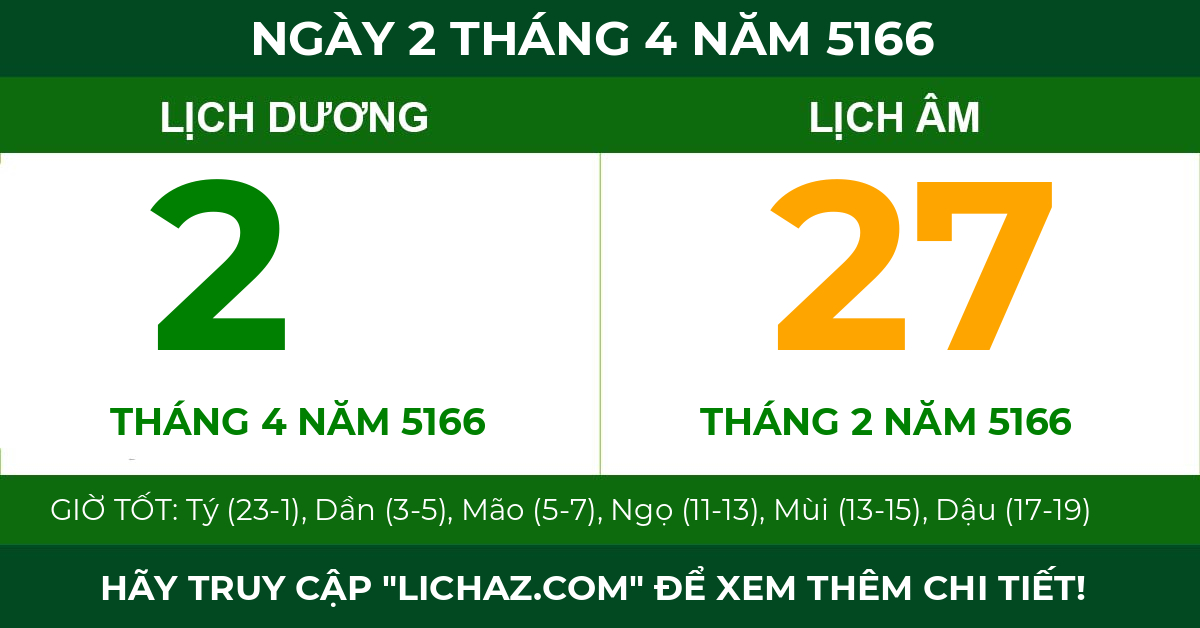 lịch âm ngày 2 tháng 4 năm 5166