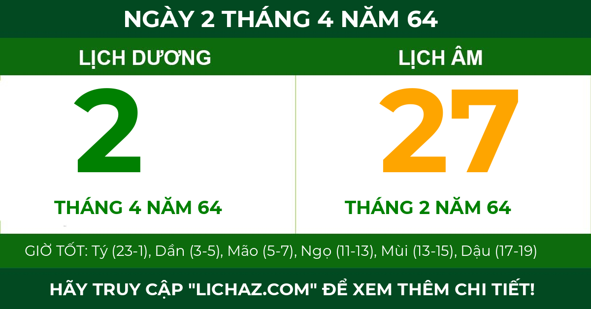 lịch âm ngày 2 tháng 4 năm 64