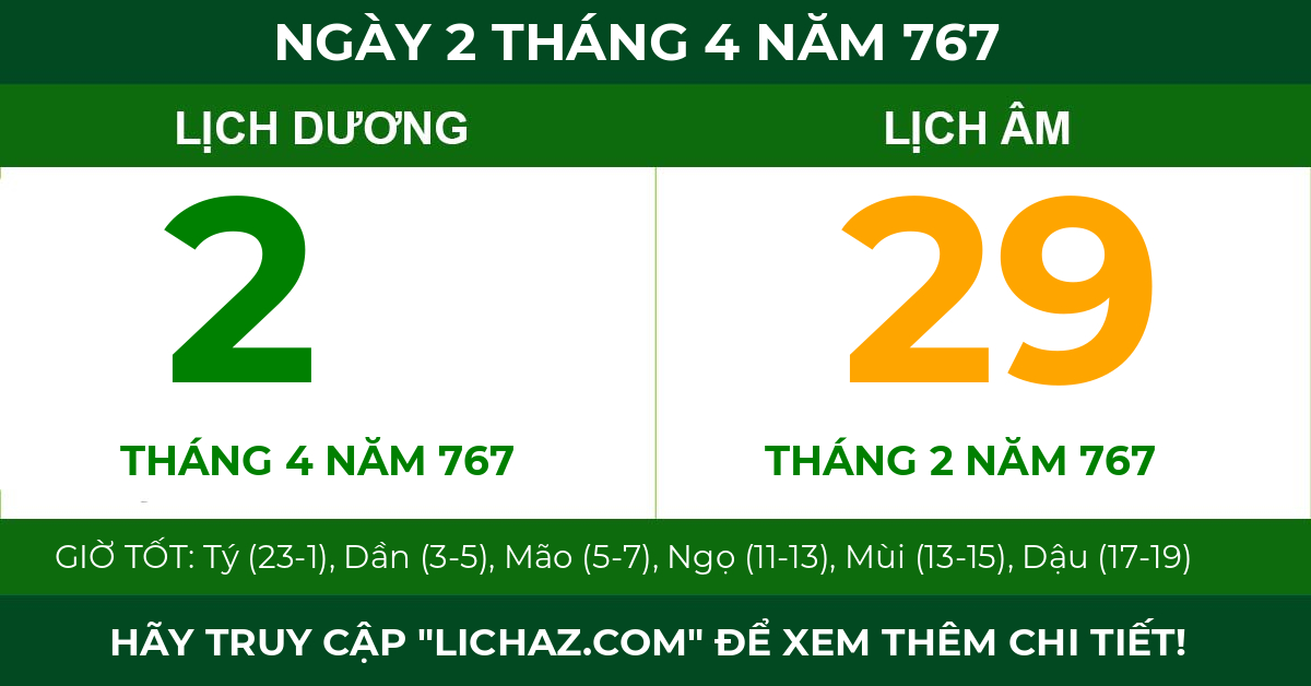 lịch âm ngày 2 tháng 4 năm 767