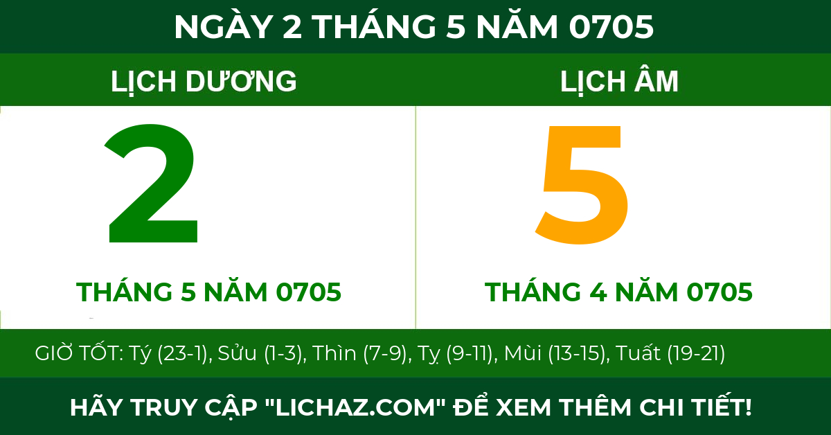 lịch âm ngày 2 tháng 5 năm 0705