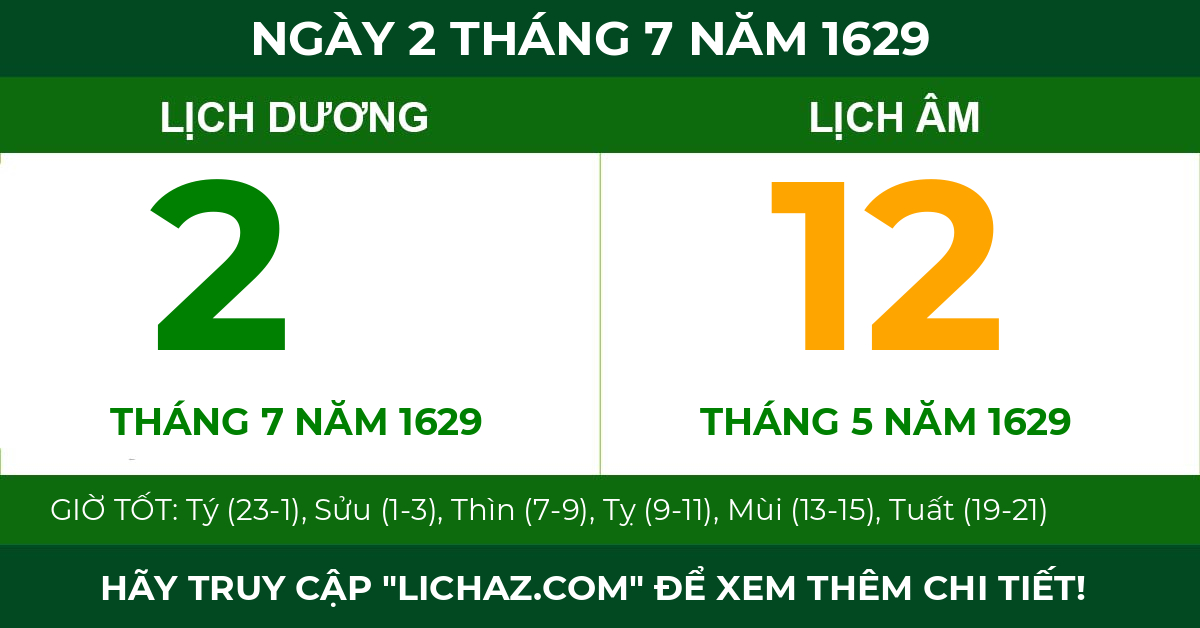 lịch âm ngày 2 tháng 7 năm 1629